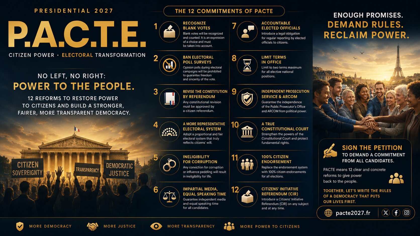 PACTE 2027 poster — 12 commitments to give power back to the citizens