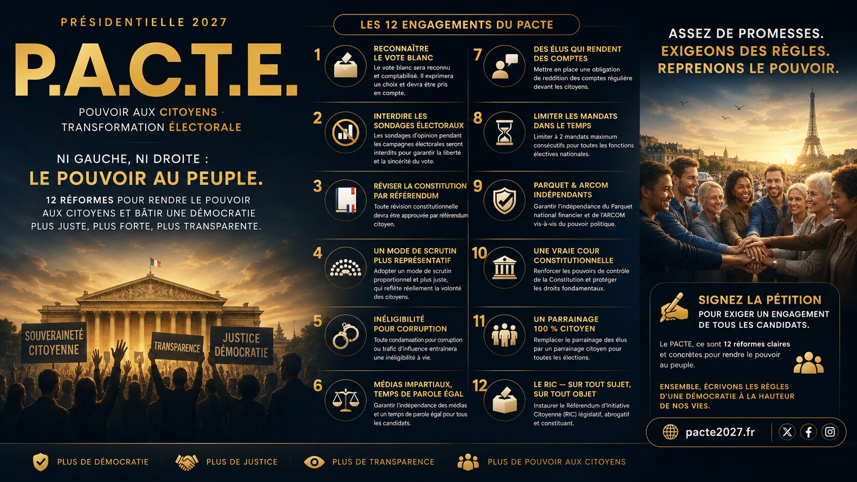 Affiche PACTE 2027 : 12 engagements pour rendre le pouvoir aux citoyens