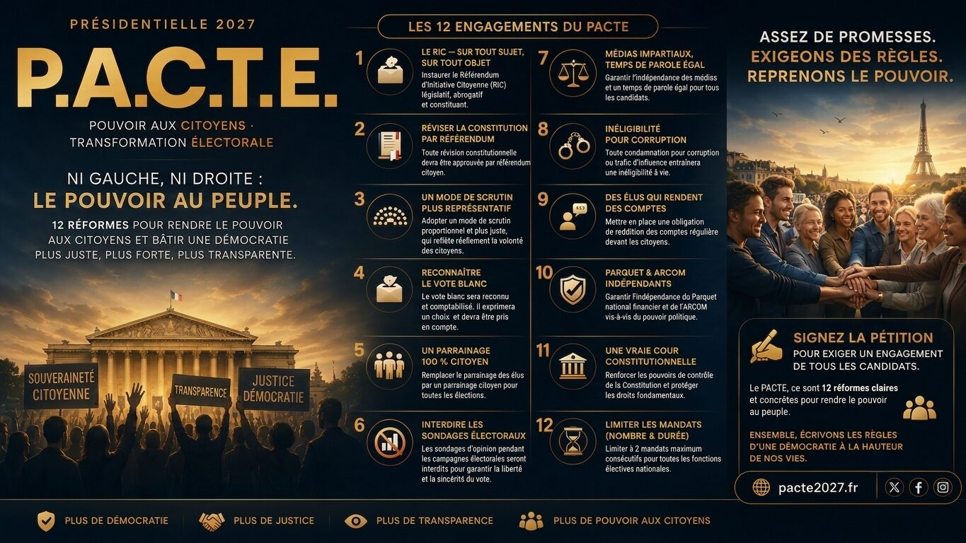 Affiche PACTE 2027 : 12 engagements pour rendre le pouvoir aux citoyens